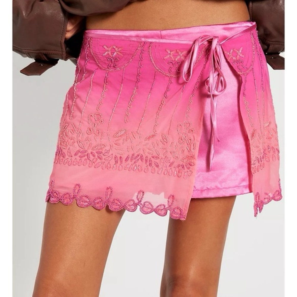 Free People Lala Beaded Skort Mini Skirt Pink Embellished Large
